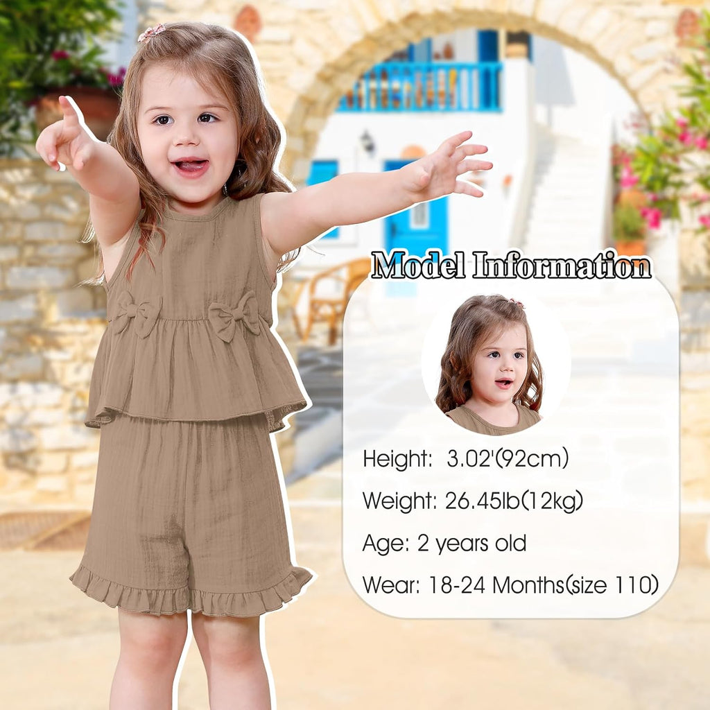 Toddler Baby Girl Clothes Cute Outfits Girls Linen Bow Tank Tops Ruffle Shorts Set Spring Summer Clothes for Kids