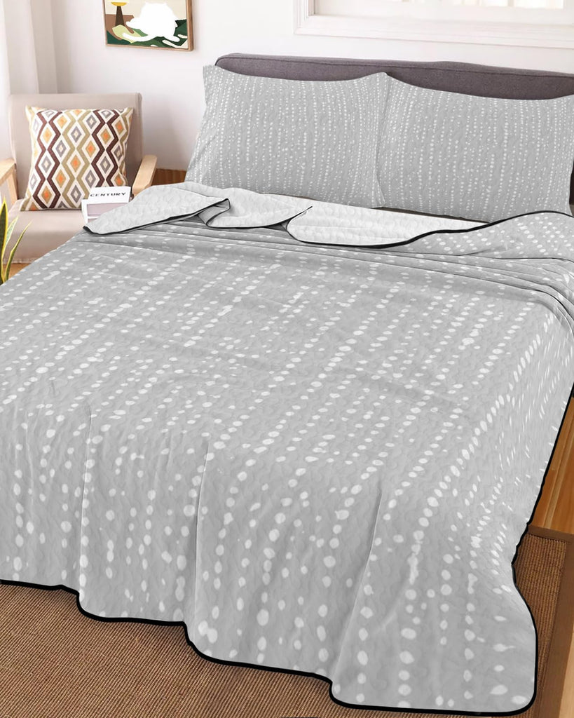 Vertical Ticking Quilt Set 3 Pieces Quilted Bedspread- Soft, Silver Linear Lightweight Quilt with 2 Pillow