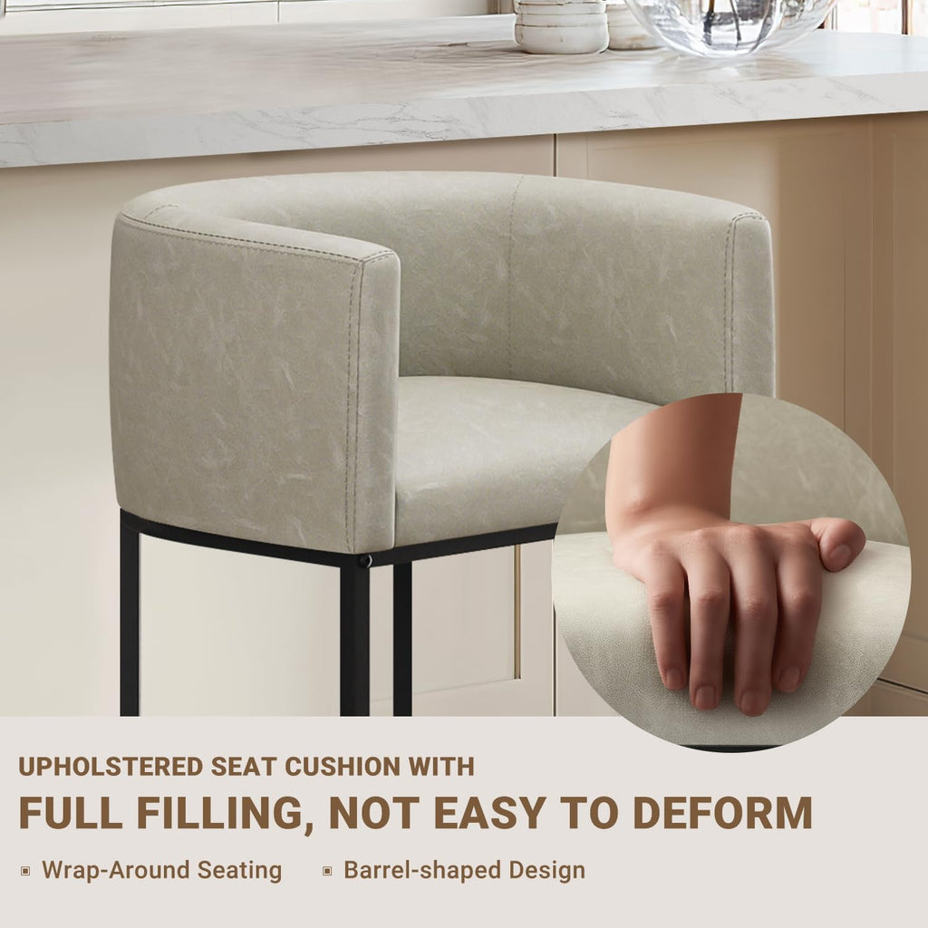 26" H Counter Height Bar Stools Set of 4, Modern Barrel Counter Stools with Backrest and Arms, Faux Leather