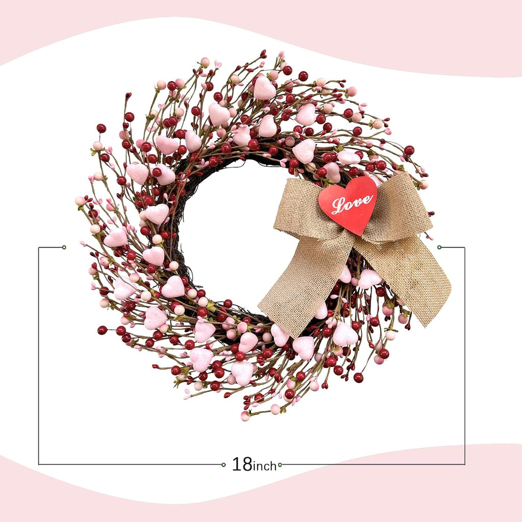 18" Artificial Valentine's Wreath, Pink and Red Heart Berry Wreath for Front Door Wall Party Wedding Decorations