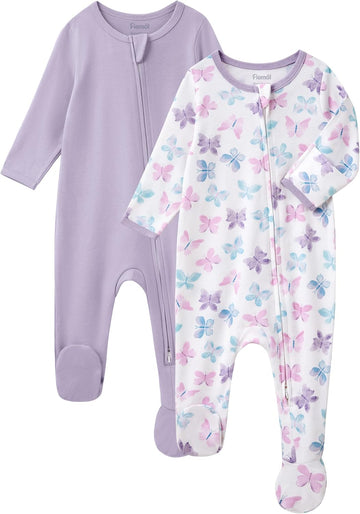 Girl Sleepers 100% Cotton Footie Pajamas 0-3 3-6 with Way Zipper, 2pcs PJs Baby Girl Clothes