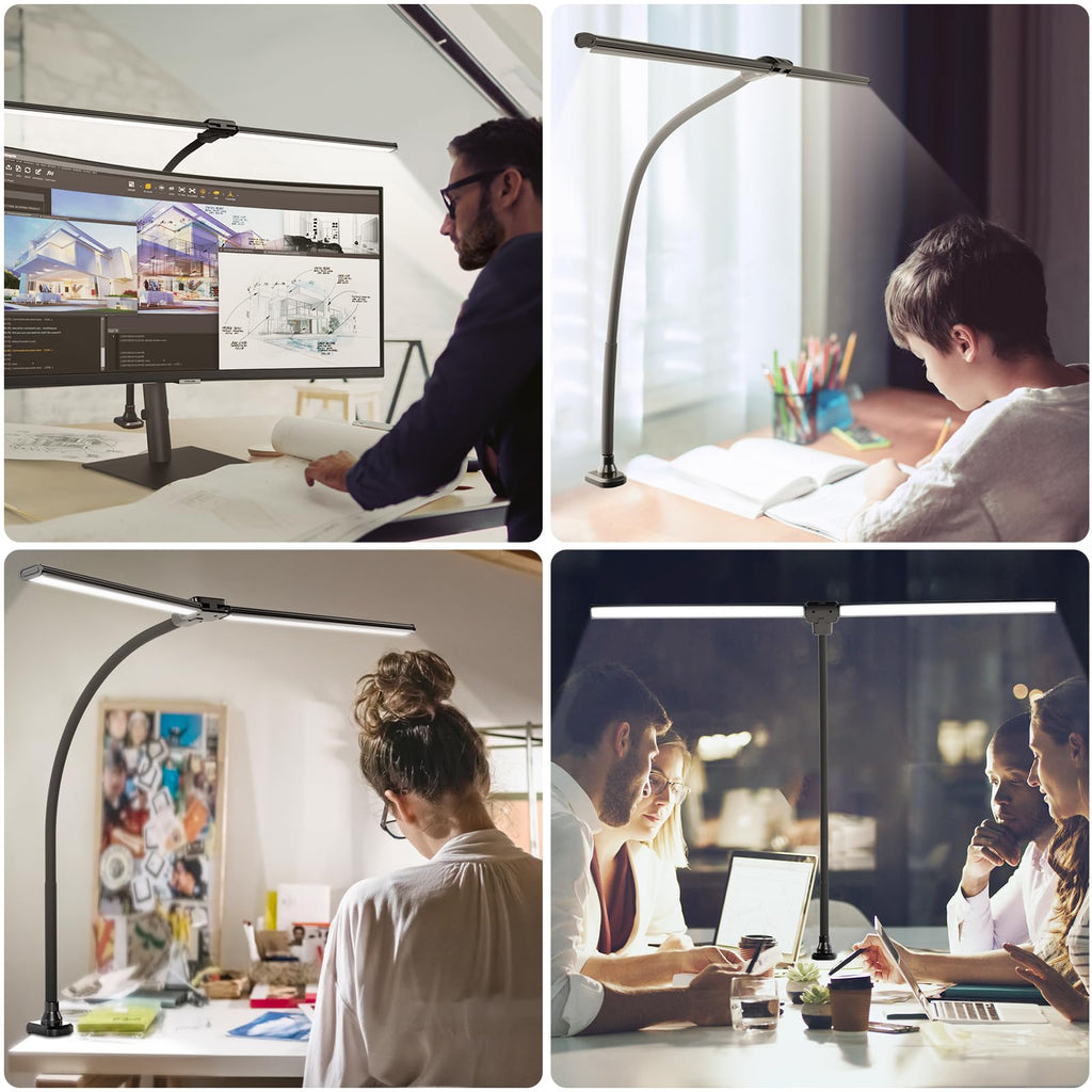 LED Desk Lamp, 4000K Neutral White Double Head Architect Task Lamps with Clamp, Dimmable Adjustable Flexible,Black