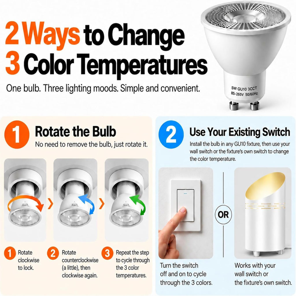 6 Pack GU10 LED Light Bulbs 5W, 3000K/4000K/6000K LED Light Bulb