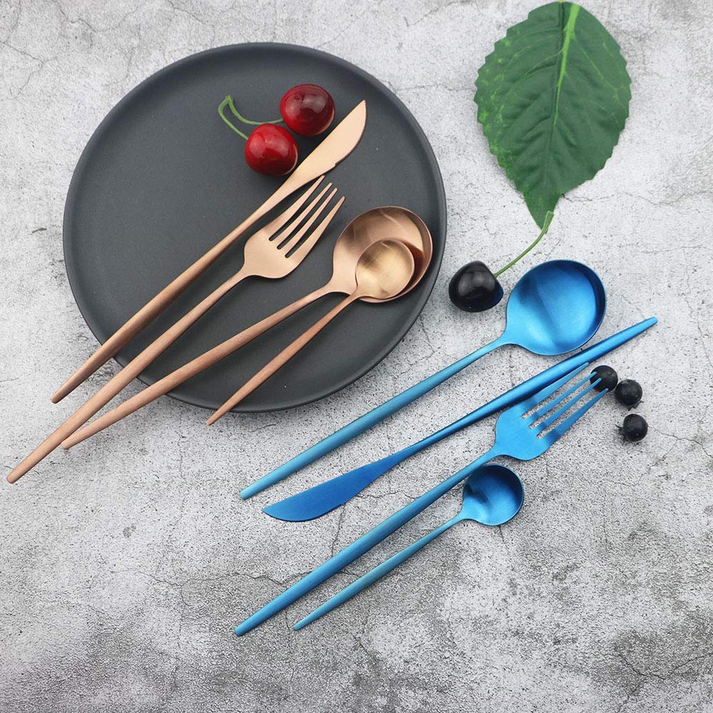 Silverware Set, 24-Piece Stainless Steel Flatware, Kitchen Utensil Set for 6, Tableware Cutlery - Matte Blue