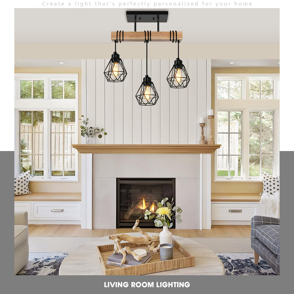 Farmhouse Dining Room Pendant Light Fixtures Over Table, Rustic Solid Wood Kitchen Island Lighting Hanging