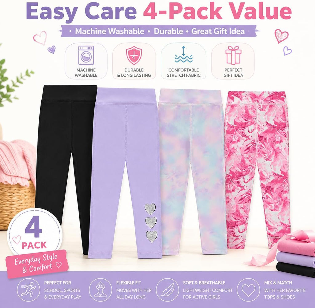 Girls 4 Pack Leggings Set, Exercise, Sports Tights with Wide Waistband for Girls