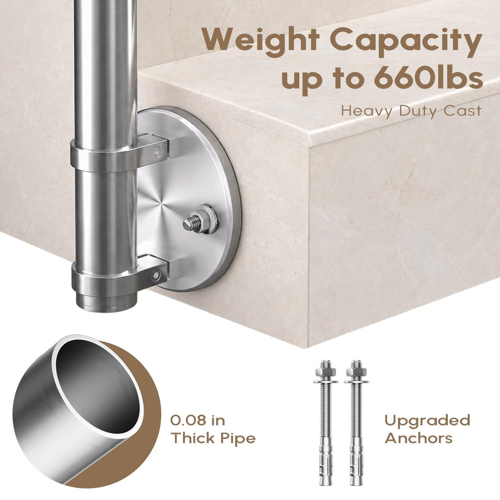 Hand Rails for Steps, 304 Stainless Steel 1-2 Step Single Post Handrail Side Mount Wall to Floor, Indoor Outdoor
