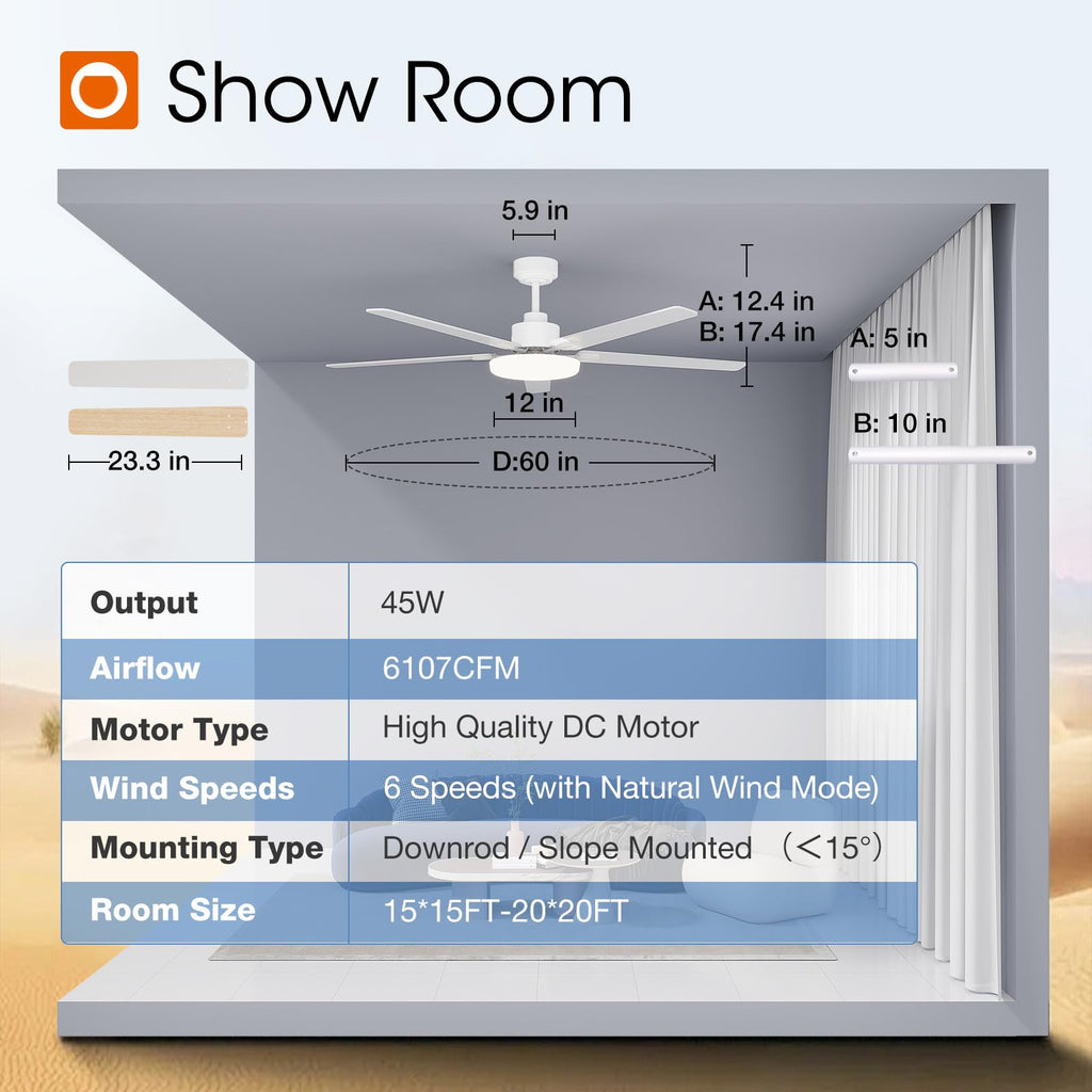 60 Inch Ceiling Fans with Lights and Remote Control, Wall Switch