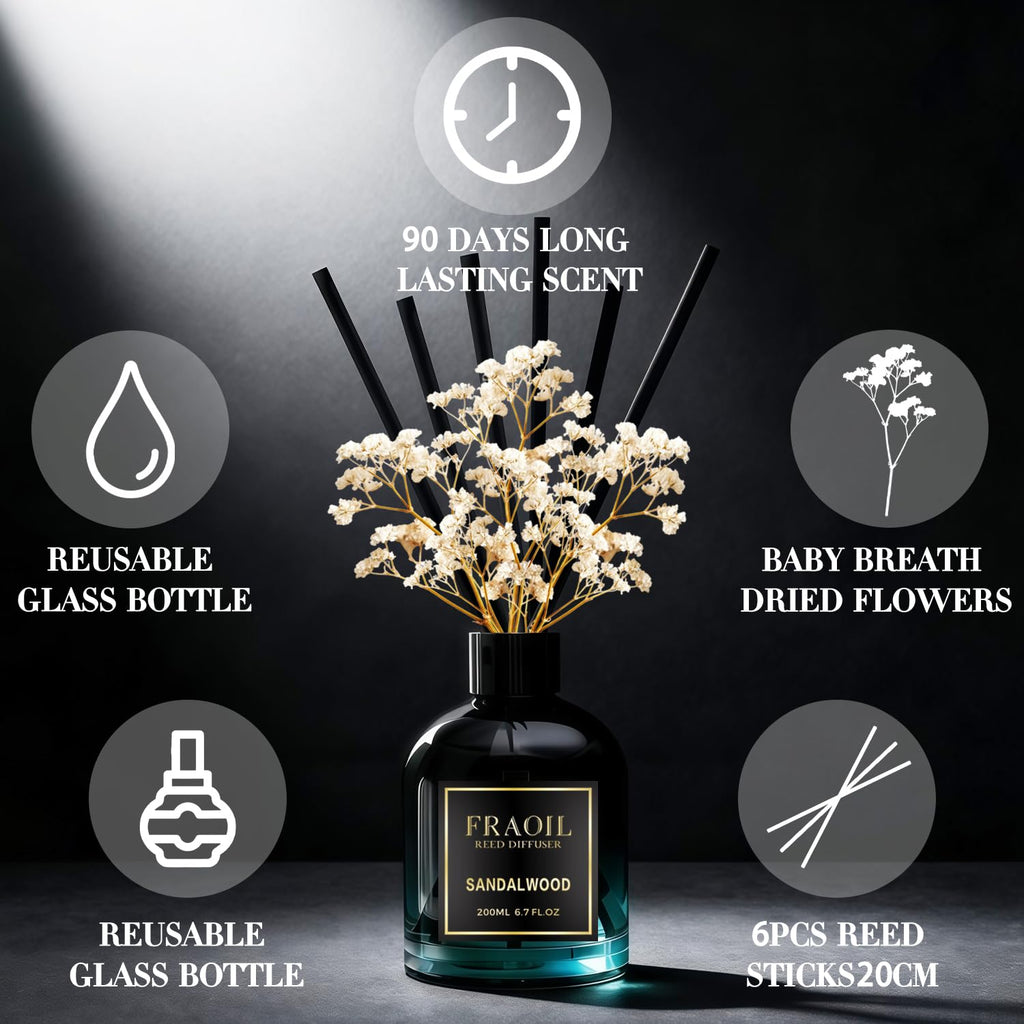 Sandalwood Reed Diffuser, Reed Diffuser Set 6.7 fl oz (200 ml) with 6 Reed Sticks, Home Fragrance Reed Diffuser Shelf