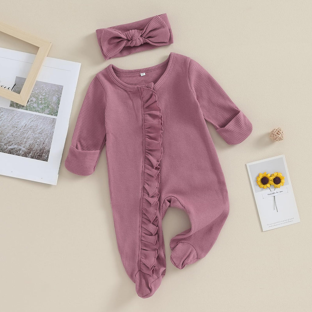 Baby Girl Fall Winter Outfits - Knit Jumpsuit Ruffle Romper Coming Home Outfit (mitten cuff Jumpsuit Purple)