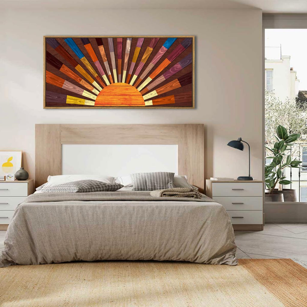 Extra Large Wood Sun Framed Wall Art 20x40 Inch Boho Sunrise 3D Geometric Wall Decor Mid century Sunshine Painting
