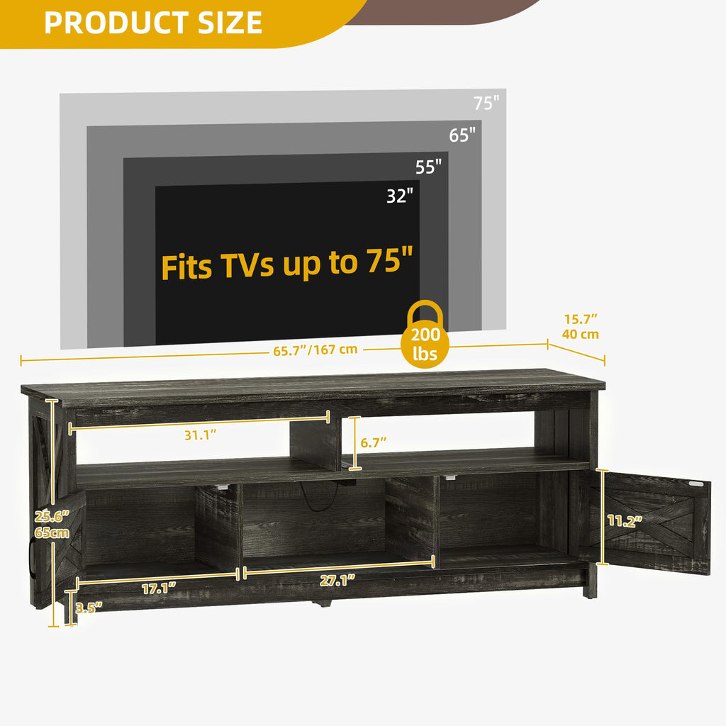 Farmhouse TV Stand with Power Outlet for 75 Inch TV, Dark Rustic Oak