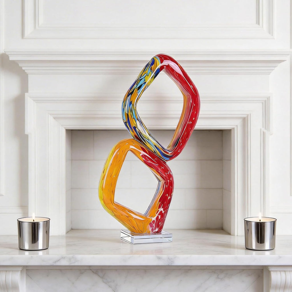 18.5′′ Hand Blown Glass Sculpture Abstract Geometric Loop Art, Murano Style Swirled Glas Contemporary Centerpiece