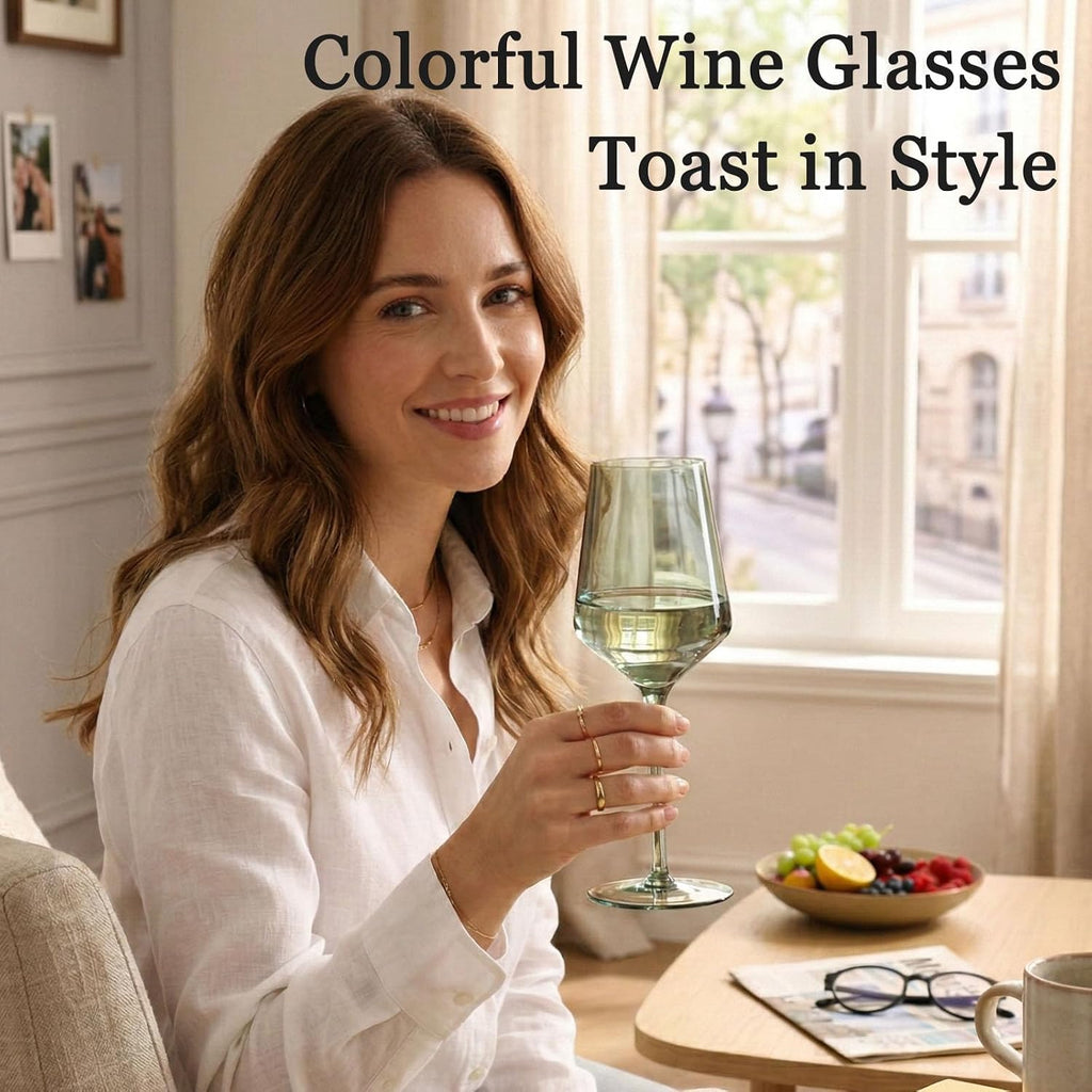Colored Wine Glasses Set of 6-15 oz Hand-blown Lead-free Crystal Colorful Wine Glasses- Birthday Wedding Housewarming