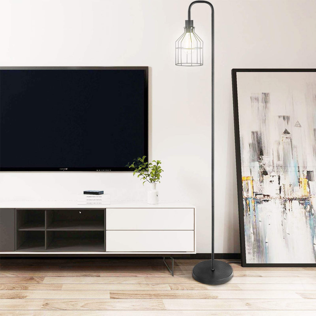 Floor Lamps, Industrial Frosted Black Floor Lamp with Cage Lampshade, On-Off Switch, Modern Indoor Pole Light, Study