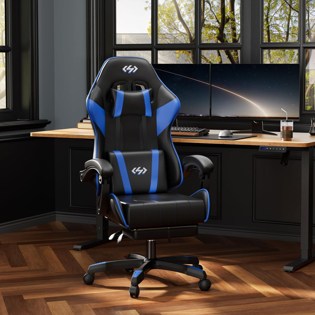 Gaming Chair with Footrest, Lumbar Support & Headrest, Black&Blue