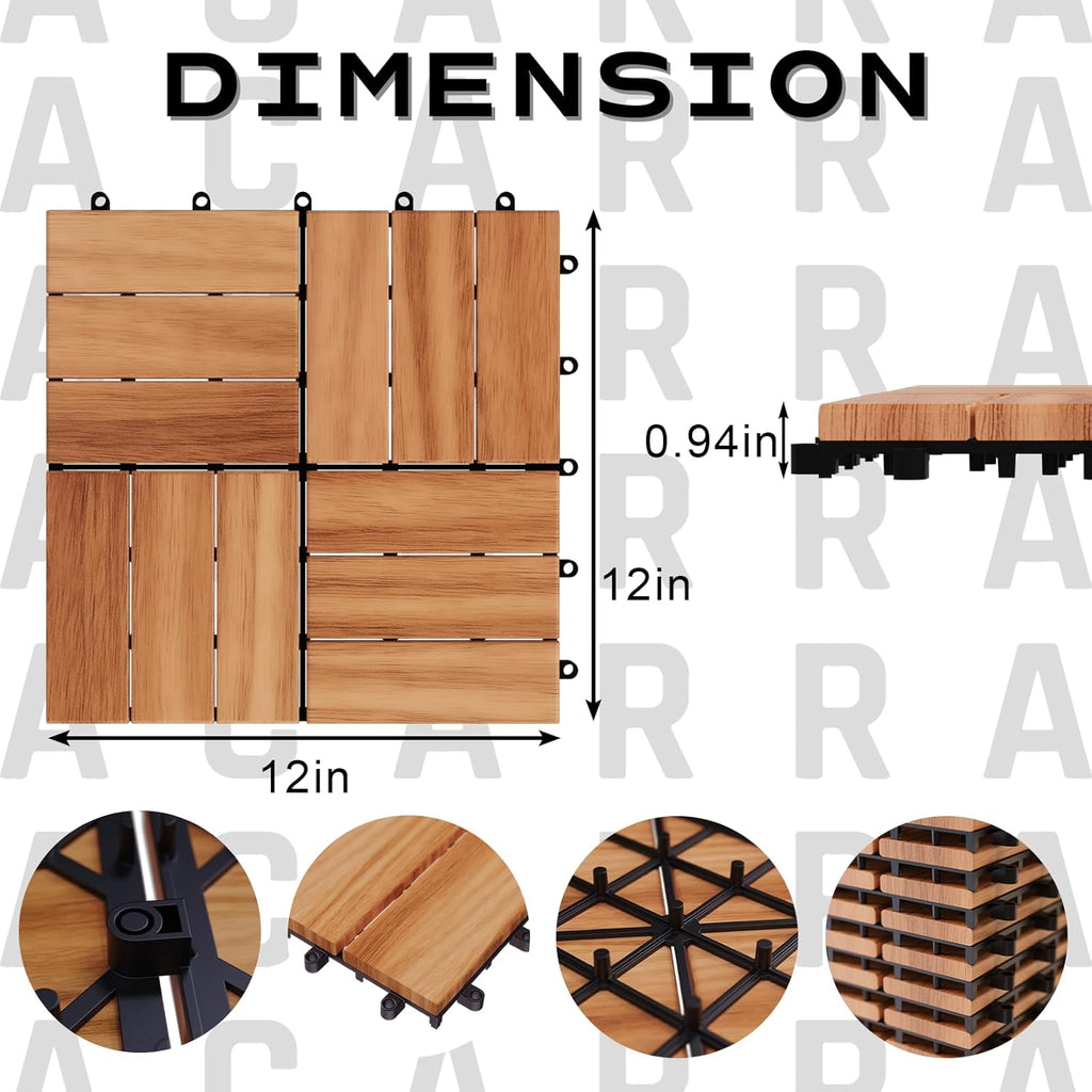 Solid Gold Acacia Wood Interlocking Deck Tiles - Waterproof Snap Together Patio Flooring for All Weather Use on