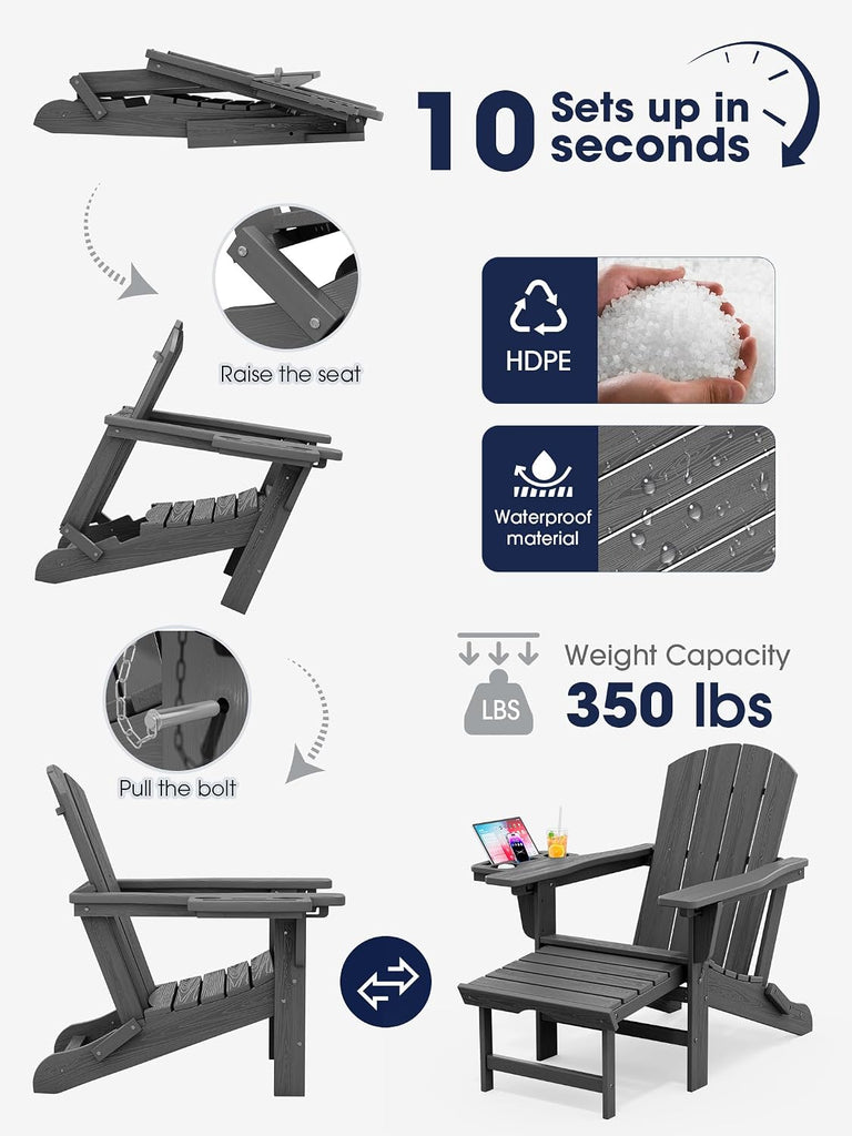 Folding Adjustable Adirondack Chair with Ottoman & 2 Cup Holders Set of 2, HDPE Adirondack Recliner Chair with
