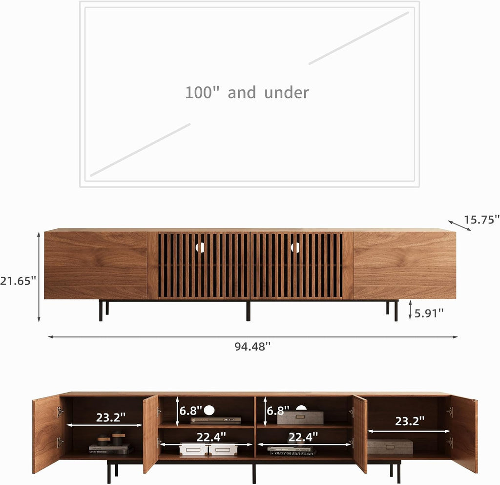 Mid Century Modern TV Stand for 80+ Inch TVs, 94.48" Walnut Console with Ample Storage - Stylish Entertainment Center