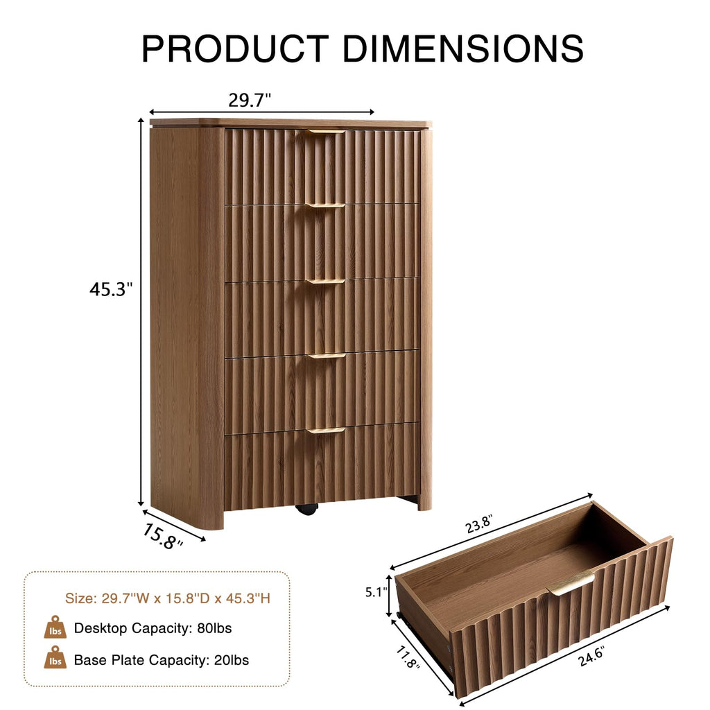 Fluted 5 Drawers Dresser, 45.3" Tall Modern Chest of Drawers with Metal Handle, Natural Wooden Dresser TV Stand Boho