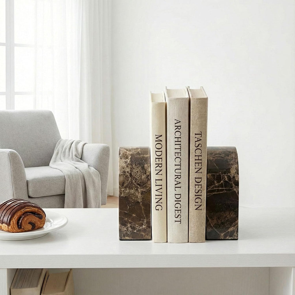 Natural Marble Bookends for Shelves,Unique Brown Arched Book Ends, Office bookends for Heavy Books, Set of 2,Heavy