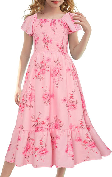 Girls Flutter Sleeve Floral Maxi Dress Spring Summer