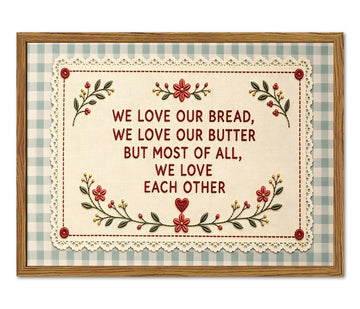 Framed Vintage Kitchen Wall Art, We Love Our Bread Butter and Each Other Quote Pictures Wall Decor, Green Gingham