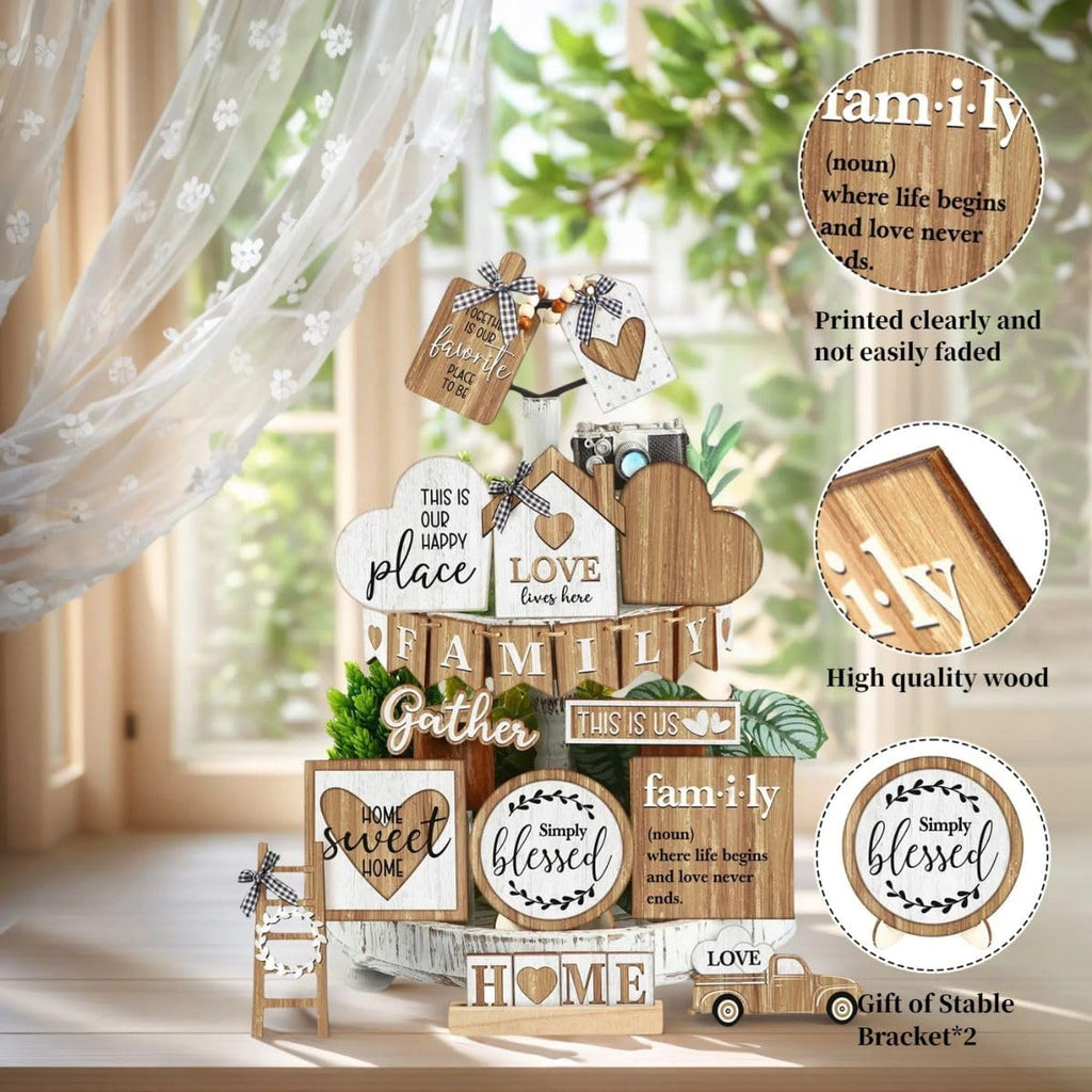 Farmhouse Tiered Tray Decor Set,Rustic Kitchen Decoration, Wooden Signboards in The Original Wood Color,Table - Set of 21