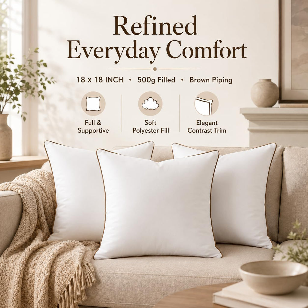 18 x 18 Inch Throw Pillow Inserts - Square White Cushion Forms with Brown Piping, 500g Filled for Decorative - Set of 6