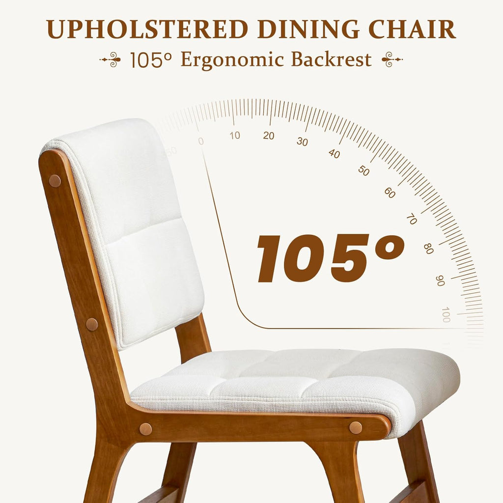 Oak Wooden Dining Chairs Set of 2, Mid-Century Modern Linen Fabric Upholstered Kitchen