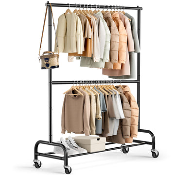 Heavy Duty Clothing Racks for Hanging Clothes Rack Double Rod Garment Rack Rolling Closet Wardrobe Rack on Wheels