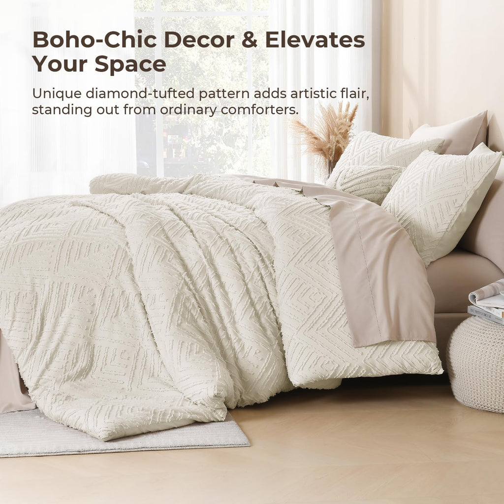 Queen Size Comforter Set, 3 Pieces Beige Tufted Boho Bedding Set