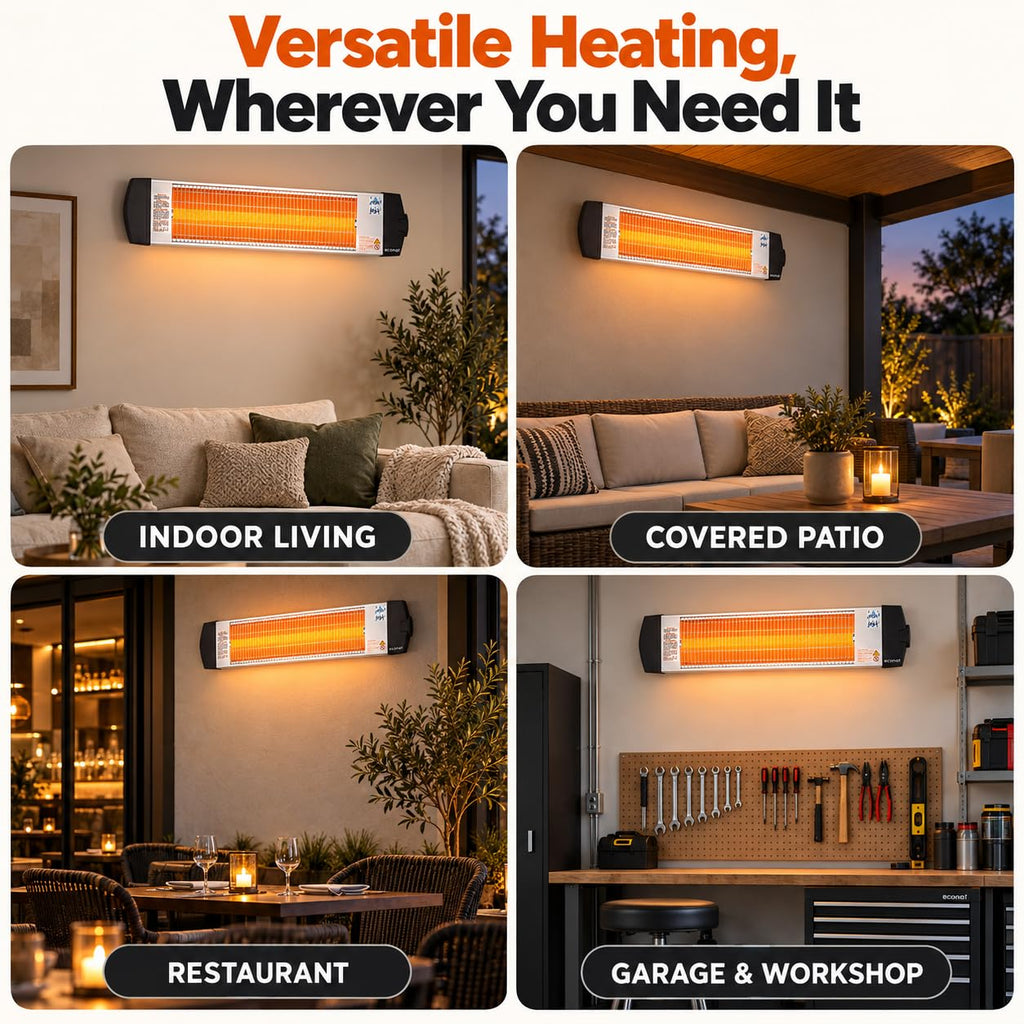 Infrared Heater, Wall or Ceiling Mount, Indoor/Outdoor Electric Patio Heater, Adjustable Thermostat, Silver