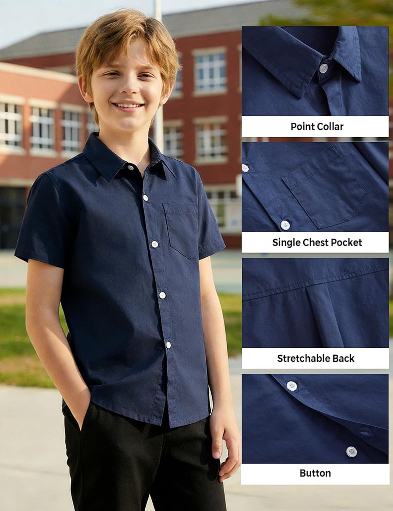 Boys Cotton Dress Shirt Button Down Kids Short Sleeve Uniform Solid (2-14 Years)