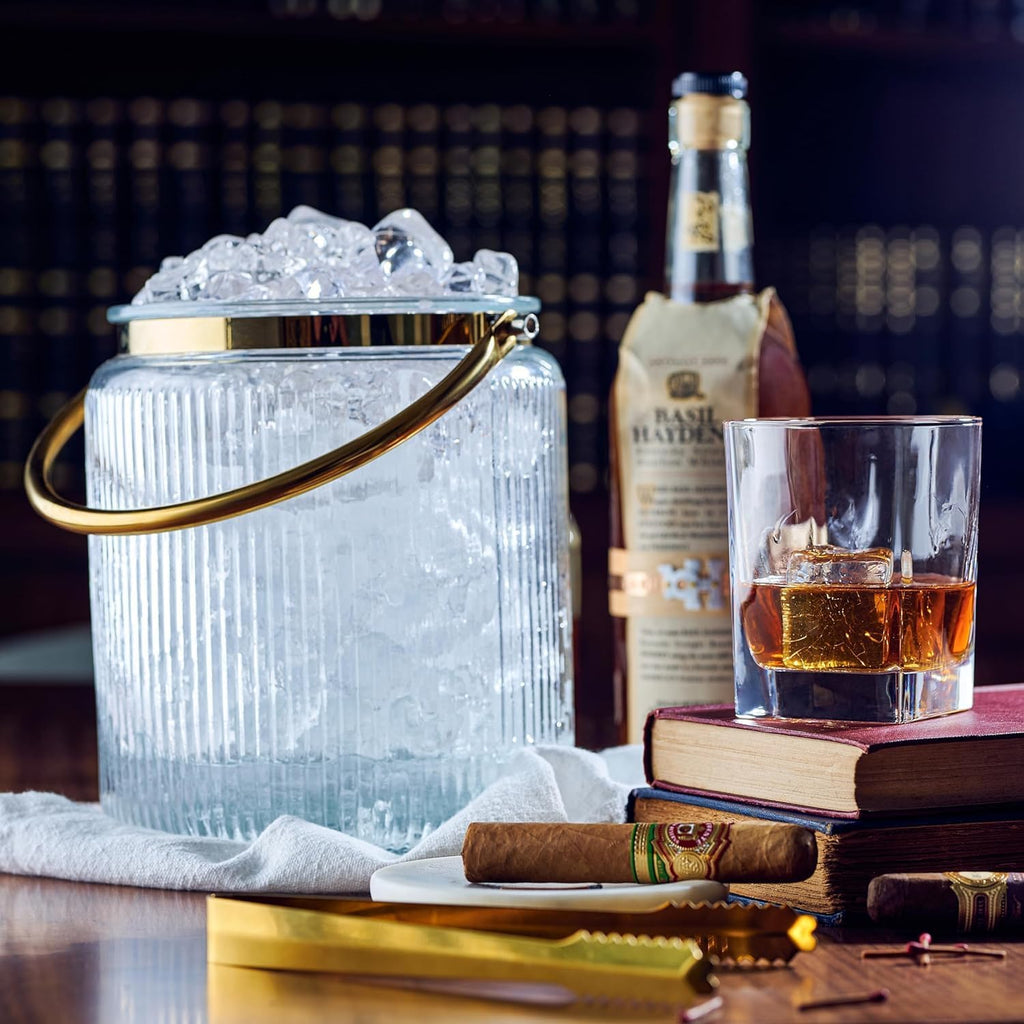 Glass Ice Bucket with Airtight Lid, Tong Scooper and Handle - 3L Ribbed Beverage Tub Cocktail Home Bar Accessories