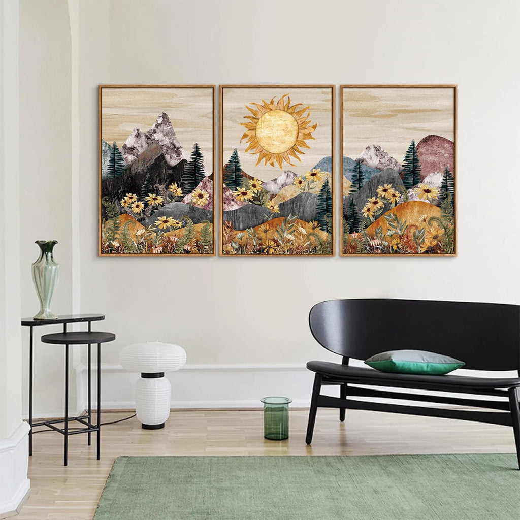 Boho Mountain Framed Canvas Wall Art, Western Daisy Floral Landscape Wall Decor, Rustic Fern Flowers Art Painting