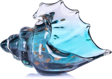 Sea Glass Art Figurines Hand Blown Conch Shell Sculpture, Coastal Art Decor