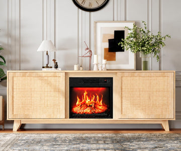 Rattan Fireplace TV Stand for up to 80 inch TVs, Boho Fireplace Media Console Table, Entertainment Center with