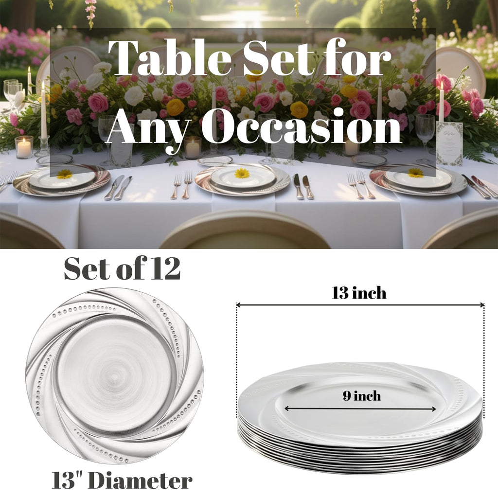12 Pack Plastic Silver Charger Plate, 13" Round Chargers Plate Decorative Dinner Chargers, Embossed Charger Serving