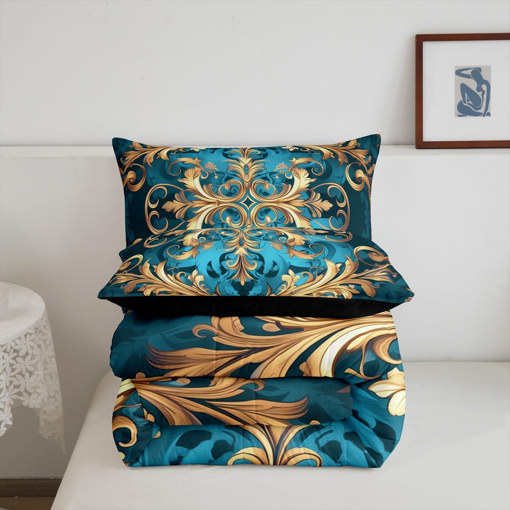 Hippie Damask Print Bedding Set Full Size, Flowers Vintage Fashion Comforter Set for Women Men Adults, Exotic Aztec