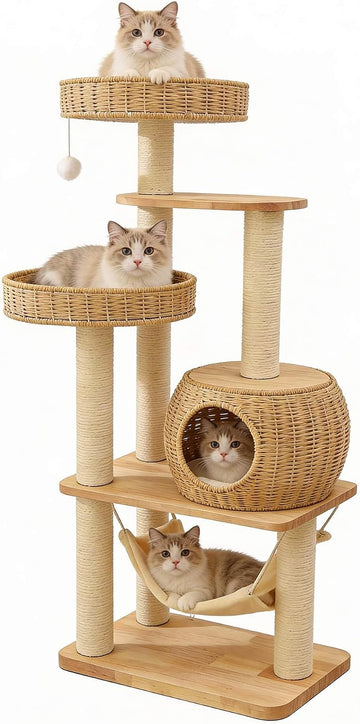 Wooden Cat Tree for Large Indoor Cats, 55in Modern Tall Cat Tower