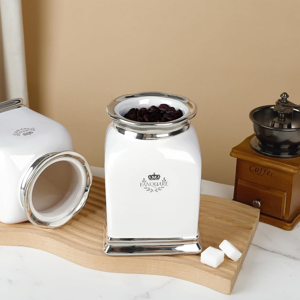 OZ Cookie Jar, White Kitchen Canisters, Farmhouse Porcelain Decorative Jars for Countertop, Ceramic - Set of 3