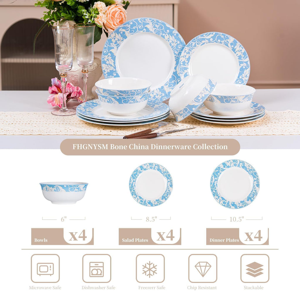 Bone China Dinnerware Set for 4, 12 Pcs White Plates and Bowls, Blue Rim