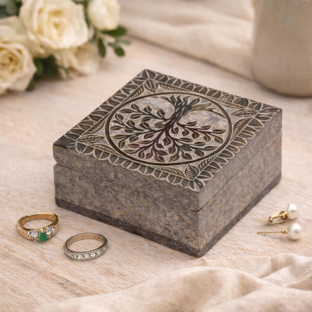 Hand Carved Marble Soapstone Square Jewellery Box, 4x4x2 Inch