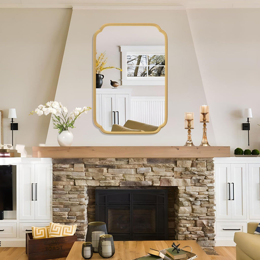 Gold Bathroom Mirror for Wall 20" x 30" Modern Rounded Corner Rectangle Mirror with Non-Rusting Iron Metal Framed