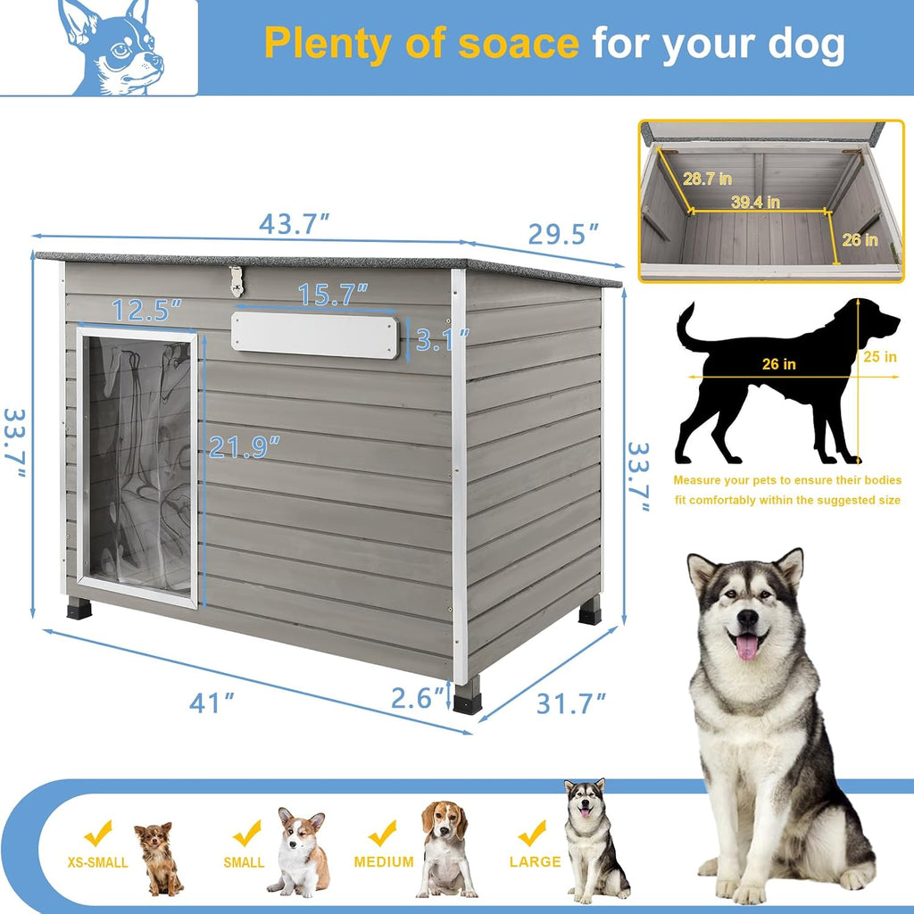 0.47" Thick Fir Wood Large Dog House Outdoor, Weatherproof Igloo House for Small to Large Dogs with Removable Floor &