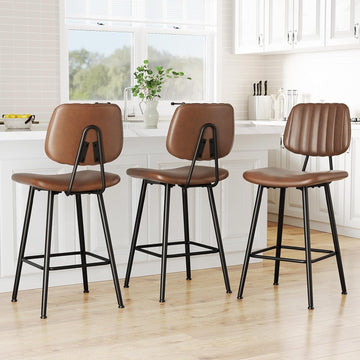 24-Inch Leather Bar Stools Set of 3, Counter Height Barstools with High Backrest，Bar Chairs Island with Heavy Duty