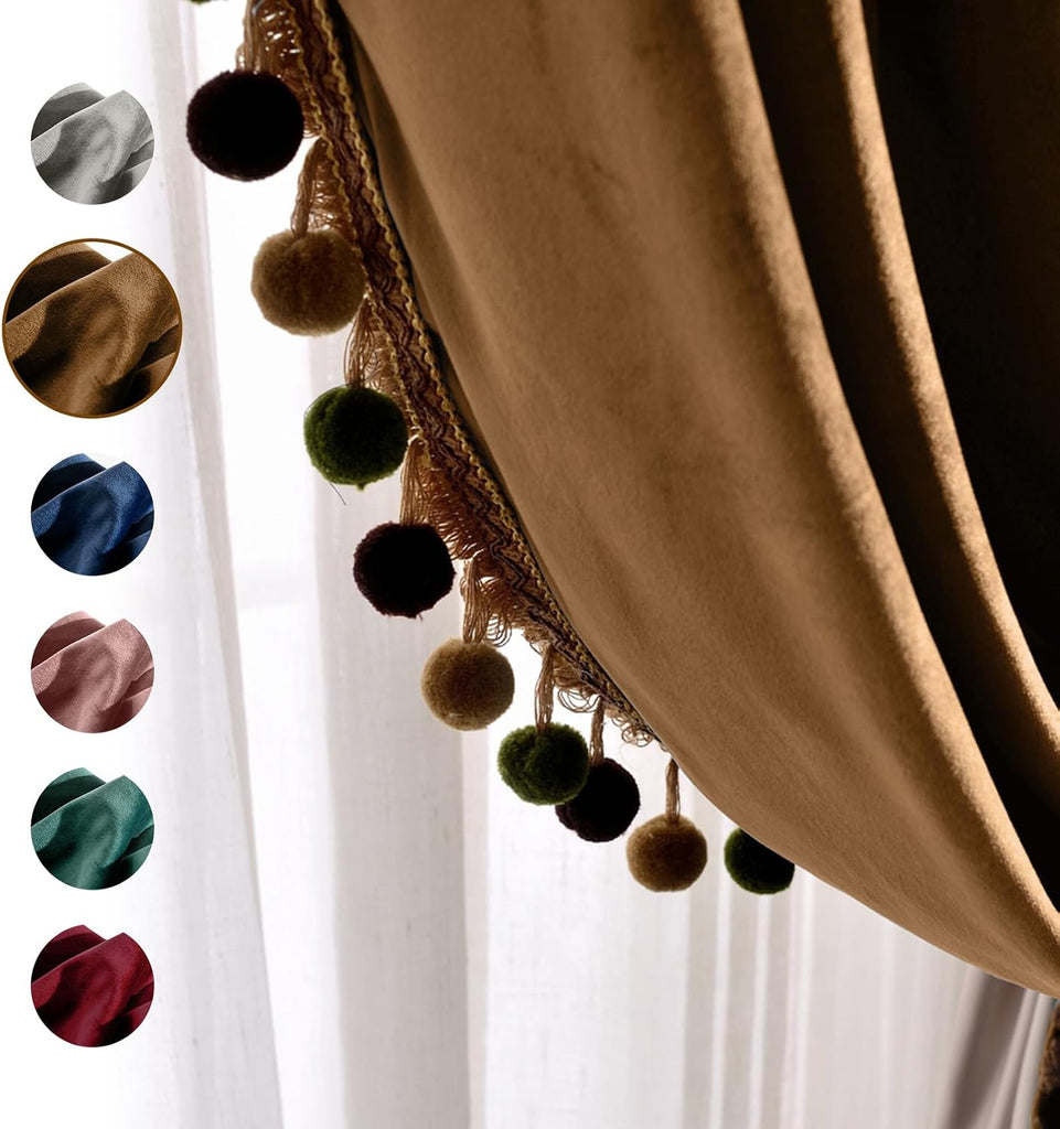 Luxury Pom Poms Velvet Curtains for Bedroom Living Room, Vintage Room Darkening Rod Pocket Window Decorative Drapes