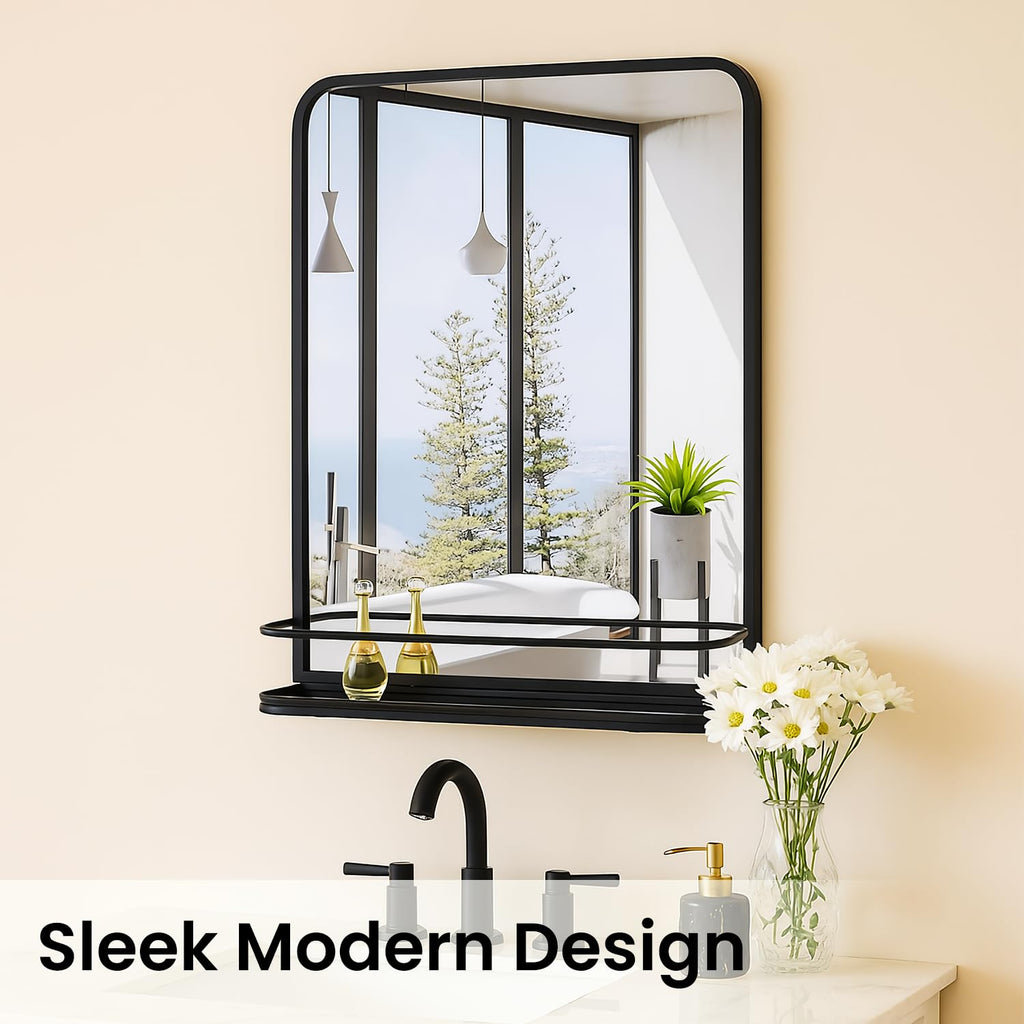 Black Bathroom Mirror with Shelf, 24"x36" Wall Mounted Vanity Mirror with Metal Frame & Rounded Corners, Storage Shelf