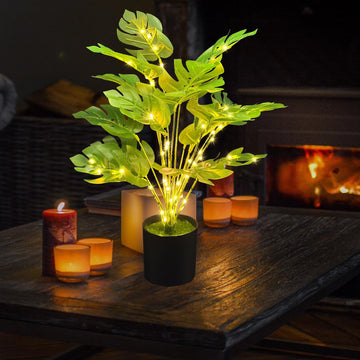 20" Lighted Faux Monstera Plant with LED Lights - USB & Battery Box Powered - LED Artificial Monstera Tree Decor